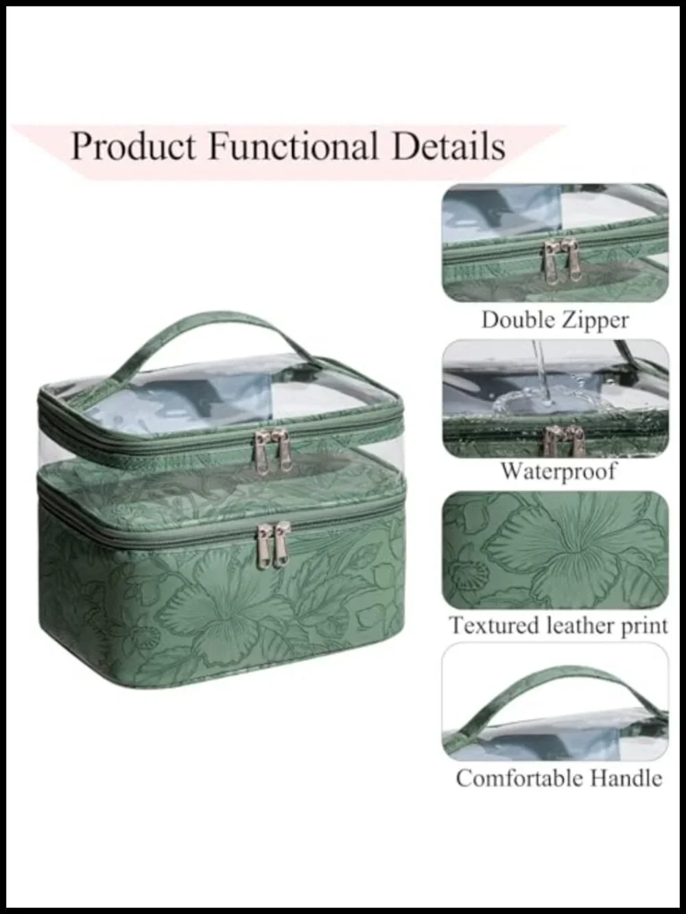 Double Layer Cosmetic Makeup Bag with Brush Storage, Waterproof Leather Floral
